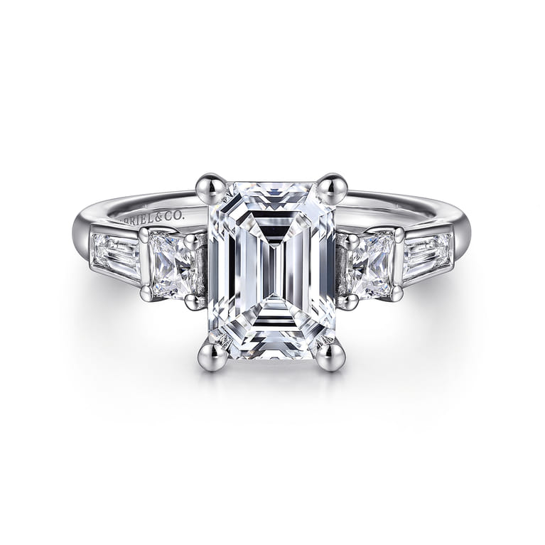 Genna - 14K White Gold Emerald Cut Three Stone Diamond Engagement Ring - 0.65 ct - Shot 1