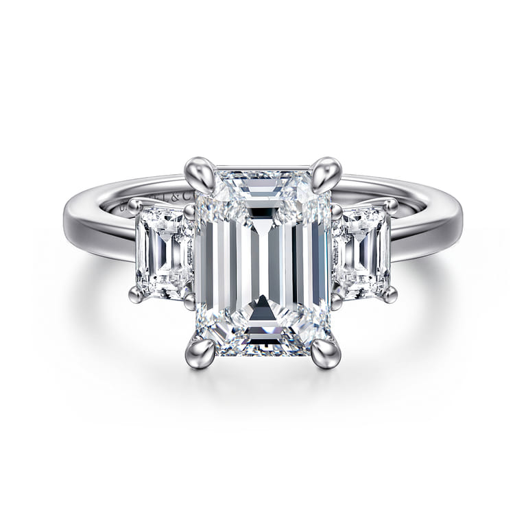 Stephi - 14K White Gold Emerald Cut Three Stone Diamond Engagement Ring - 0.6 ct - Shot 1