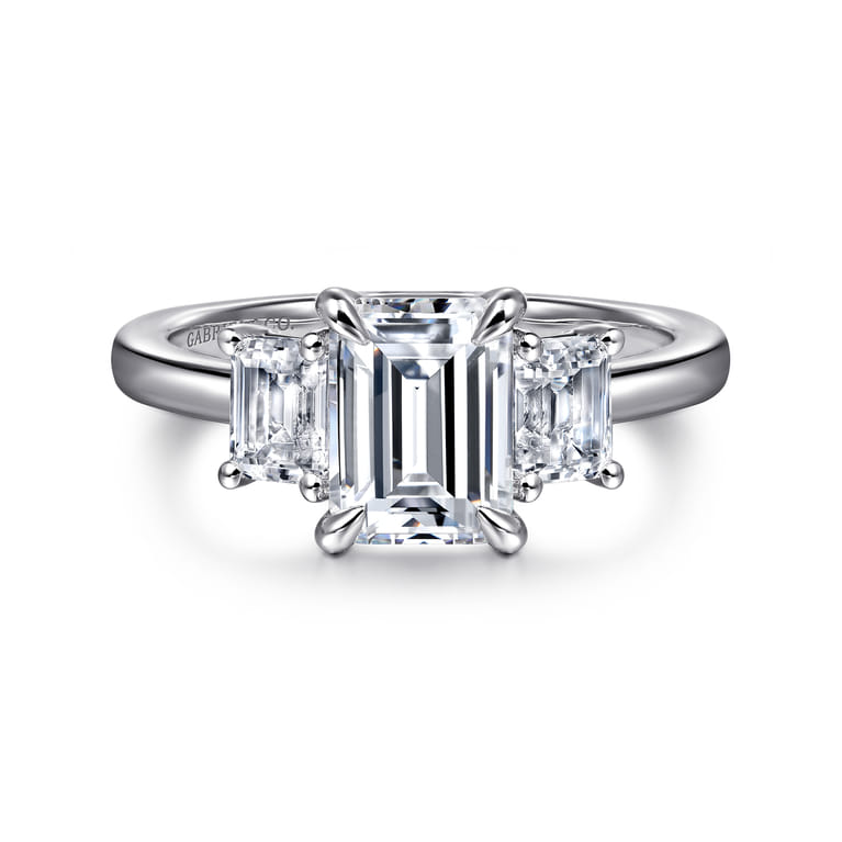Stephi - 14K White Gold Emerald Cut Three Stone Diamond Engagement Ring - 0.6 ct - Shot 1