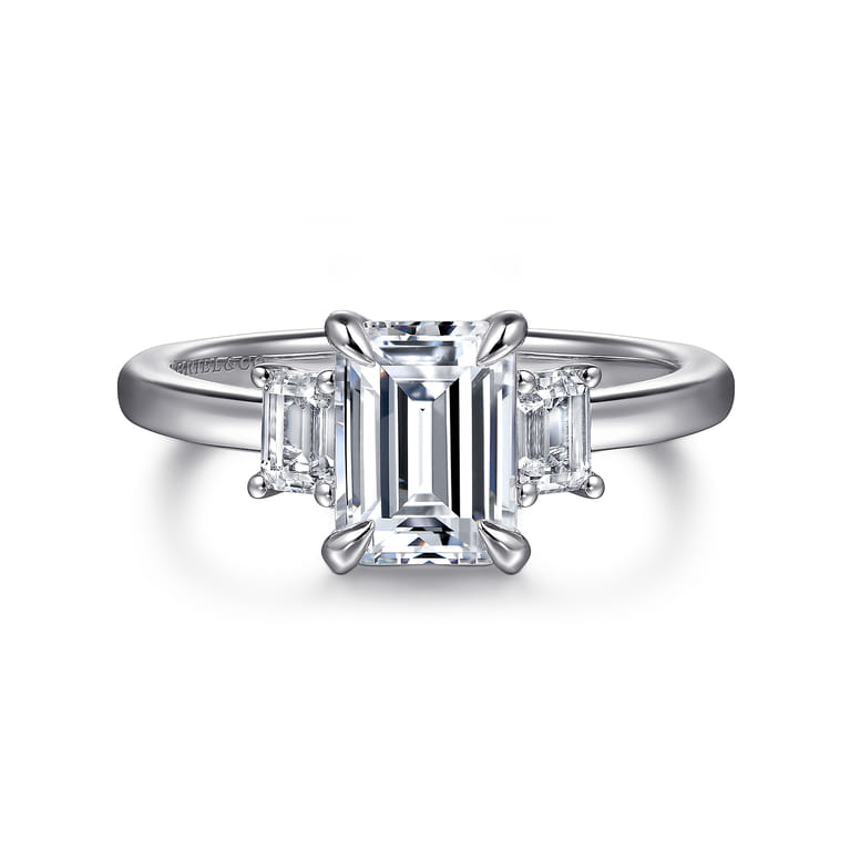 Stephi - 14K White Gold Emerald Cut Three Stone Diamond Engagement Ring - 0.3 ct - Shot 1