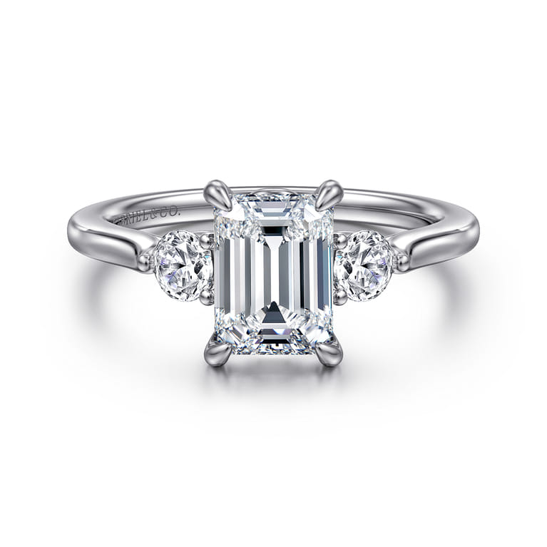Madison - 14K White Gold Emerald Cut Three Stone Lotus Diamond Engagement Ring - 0.3 ct - Shot 1