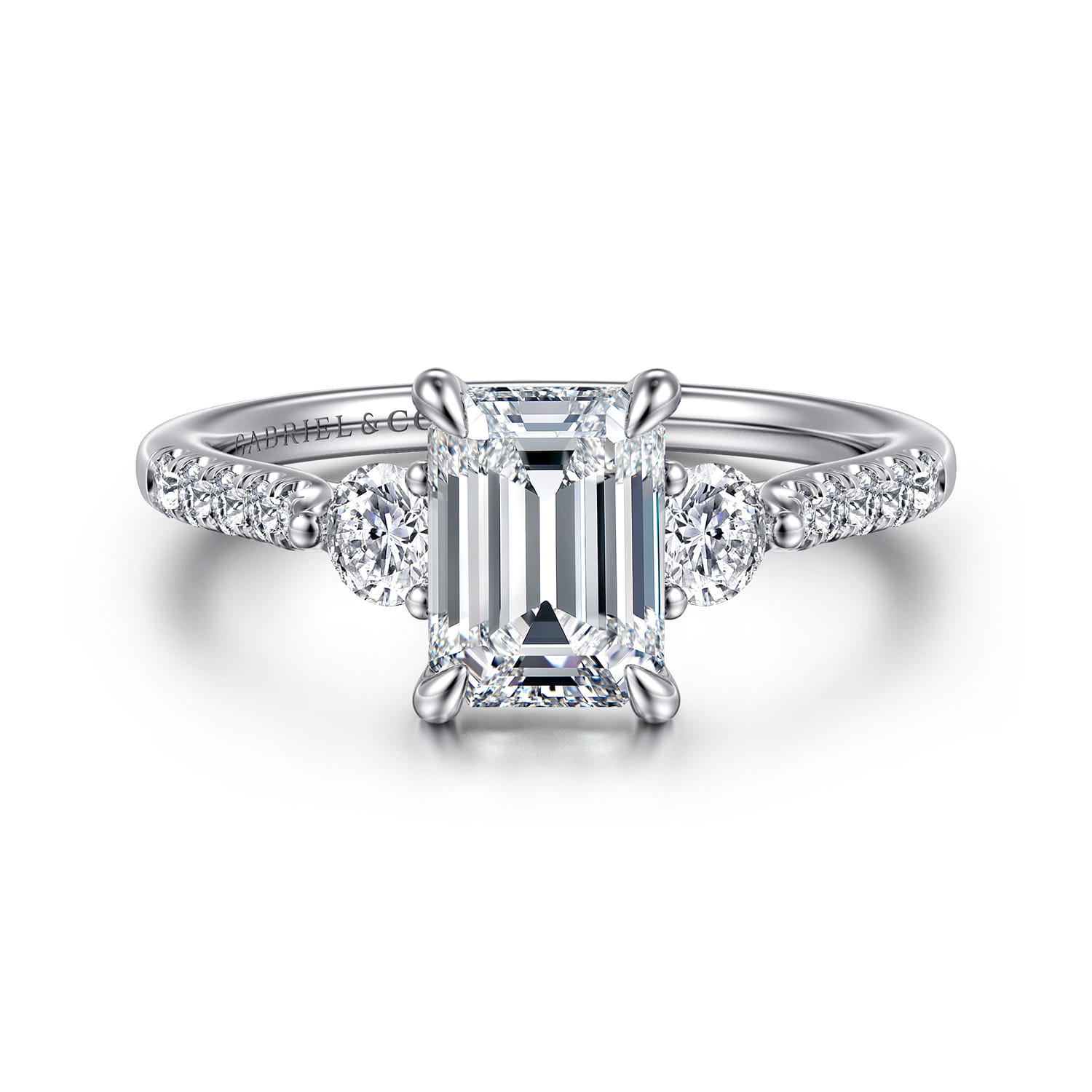 Moon - 14K White Gold Emerald Cut Three Stone Lotus Diamond Engagement Ring - 0.4 ct - Shot 1