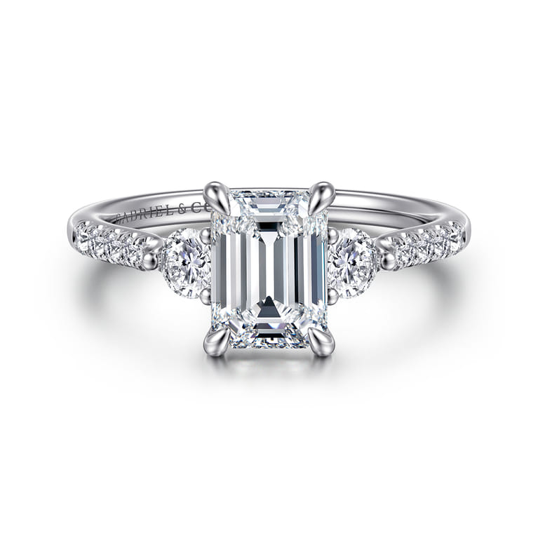 Moon - 14K White Gold Emerald Cut Three Stone Lotus Diamond Engagement Ring - 0.4 ct - Shot 1