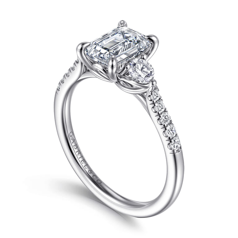 Moon - 14K White Gold Emerald Cut Three Stone Lotus Diamond Engagement Ring - 0.4 ct - Shot 3
