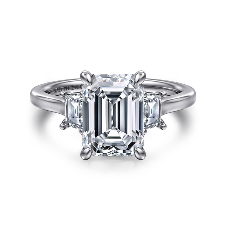 Nigela - 14K White Gold Emerald Cut Three Stone Lotus Diamond Engagement Ring - 0.4 ct - Shot 1