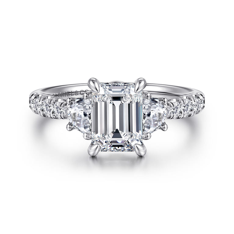 Dee - 14K White Gold Emerald Cut Three Stone Lotus Diamond Engagement Ring - 0.6 ct - Shot 1