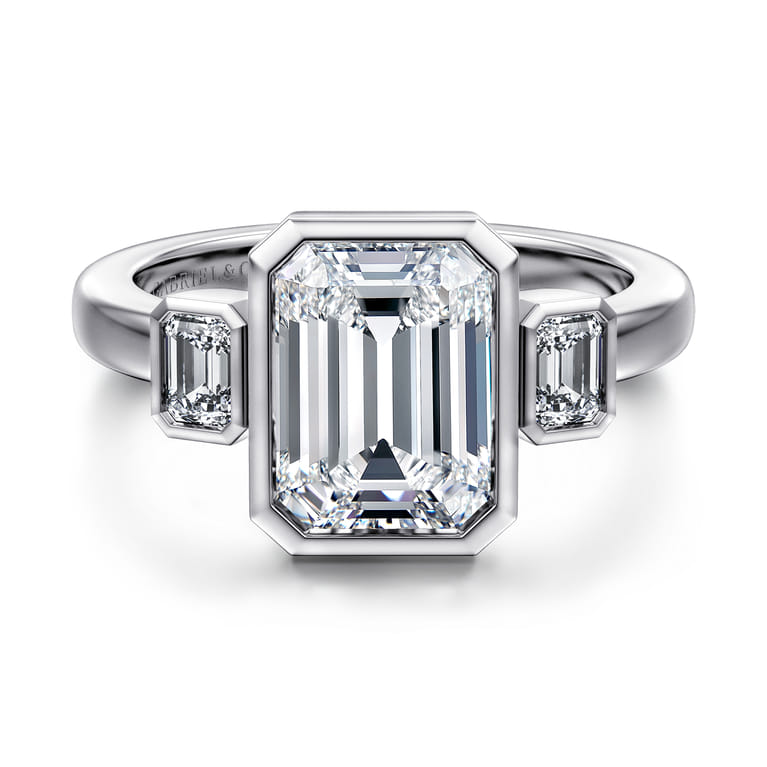 Nelle - 14K White Gold Emerald Cut Three Stone Diamond Engagement Ring - 0.3 ct - Shot 1