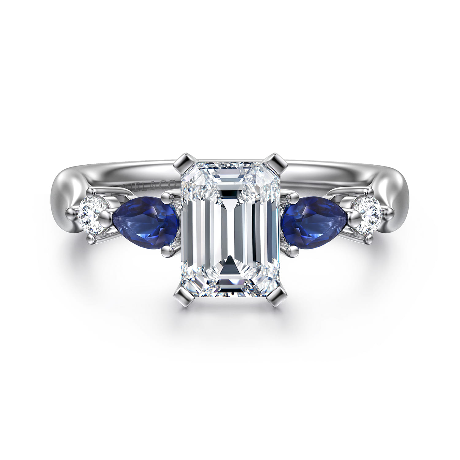 Carrie - 14K White Gold Emerald Cut Five Stone Sapphire and Diamond Engagement Ring - 0.1 ct - Shot 1
