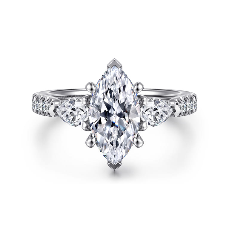 Abina - 14K White Gold Marquise Shape Three Stone Diamond Engagement Ring - 0.75 ct - Shot 1