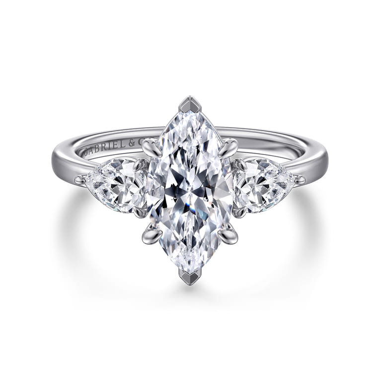 Adalia - 14K White Gold Marquise Shape Three Stone Diamond Engagement Ring - 0.6 ct - Shot 1
