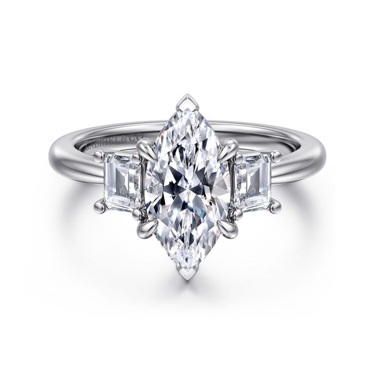 Stephi - 14K White Gold Marquise Shape Three Stone Diamond Engagement Ring - 0.5 ct - Shot 1