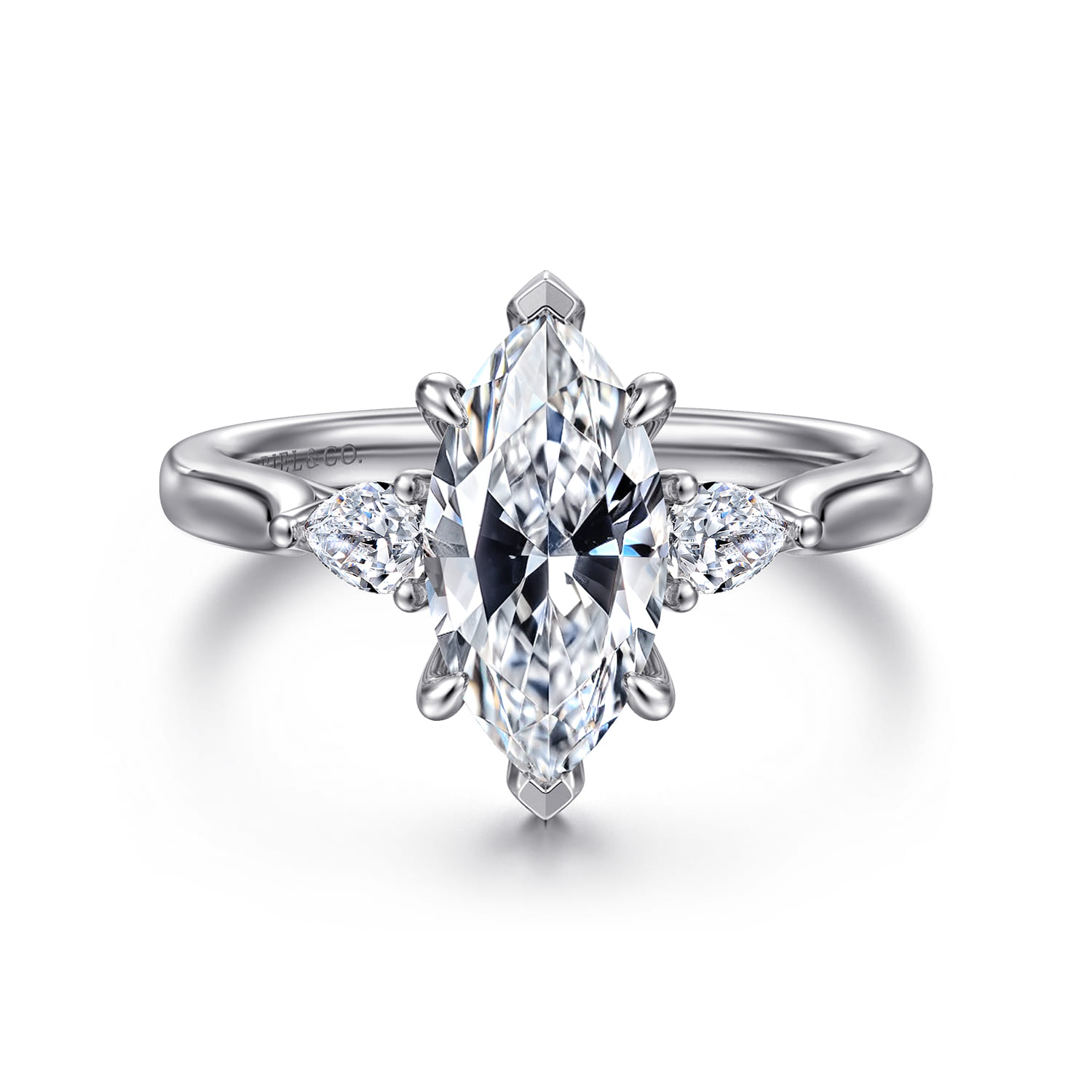 Reema - 14K White Gold Marquise Shape Three Stone Lotus Diamond Engagement Ring - 0.24 ct - Shot 1