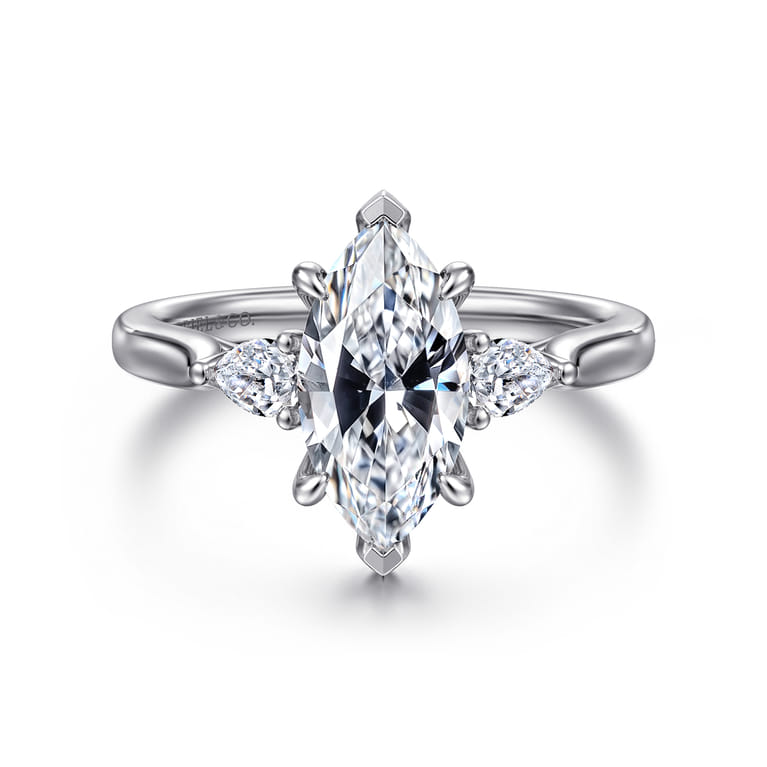 Reema - 14K White Gold Marquise Shape Three Stone Lotus Diamond Engagement Ring - 0.24 ct - Shot 1