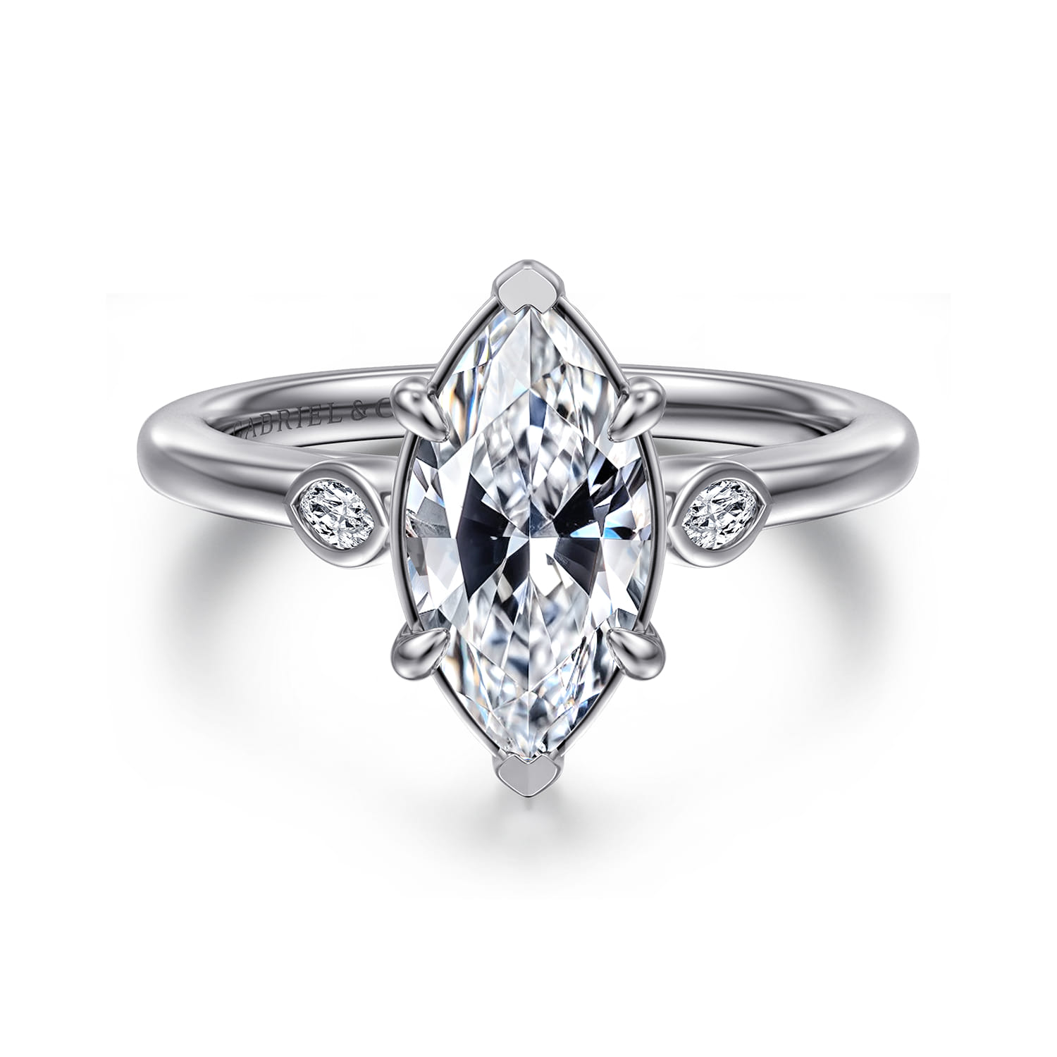 Charli - 14K White Gold Bezel Prong Marquise Shape Three Stone Diamond Engagement Ring - 0.1 ct - Shot 1