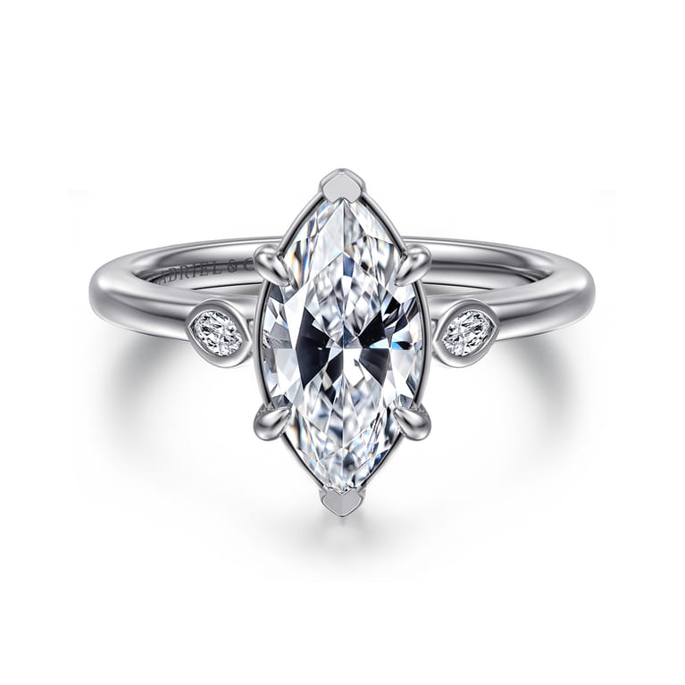 Charli - 14K White Gold Bezel Prong Marquise Shape Three Stone Diamond Engagement Ring - 0.1 ct - Shot 1