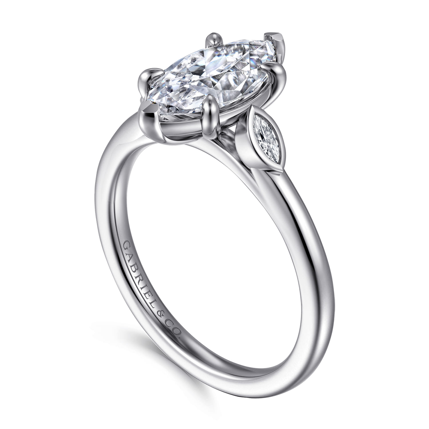 Charli - 14K White Gold Bezel Prong Marquise Shape Three Stone Diamond Engagement Ring - 0.1 ct - Shot 3