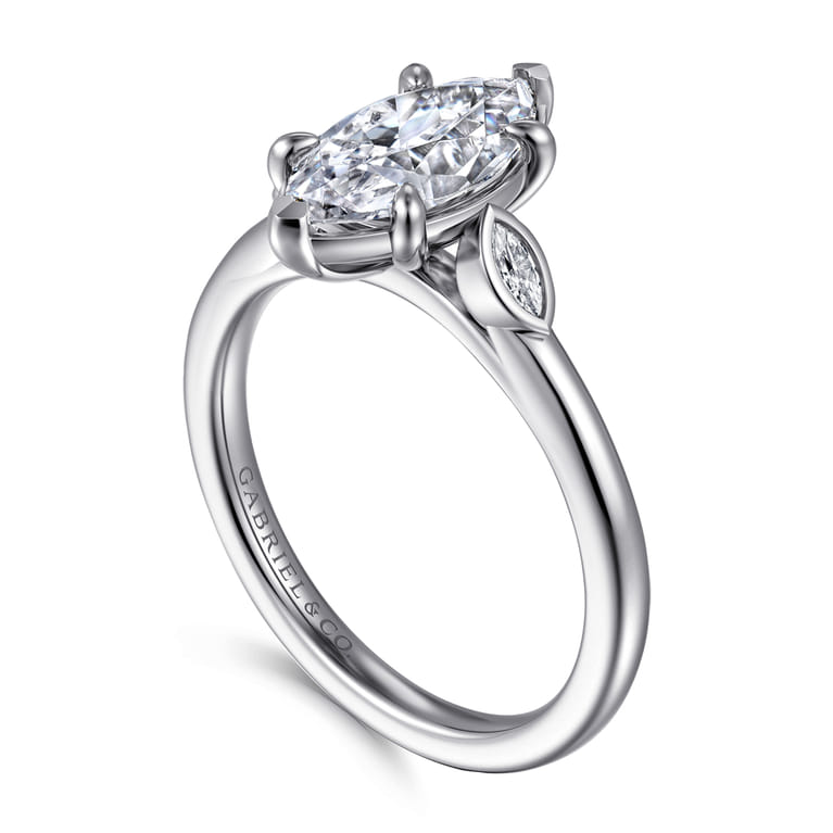 Charli - 14K White Gold Bezel Prong Marquise Shape Three Stone Diamond Engagement Ring - 0.1 ct - Shot 3