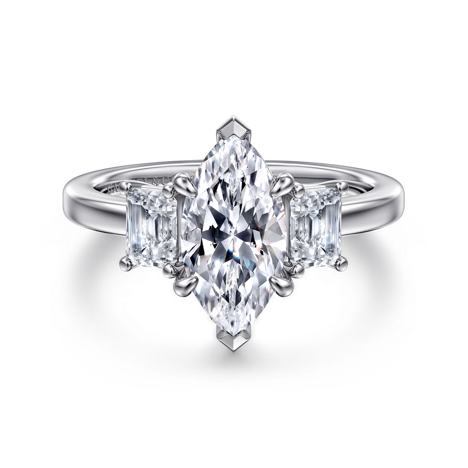 Stephi - 14K White Gold Marquise Shape Three Stone Diamond Engagement Ring - 0.6 ct - Shot 1