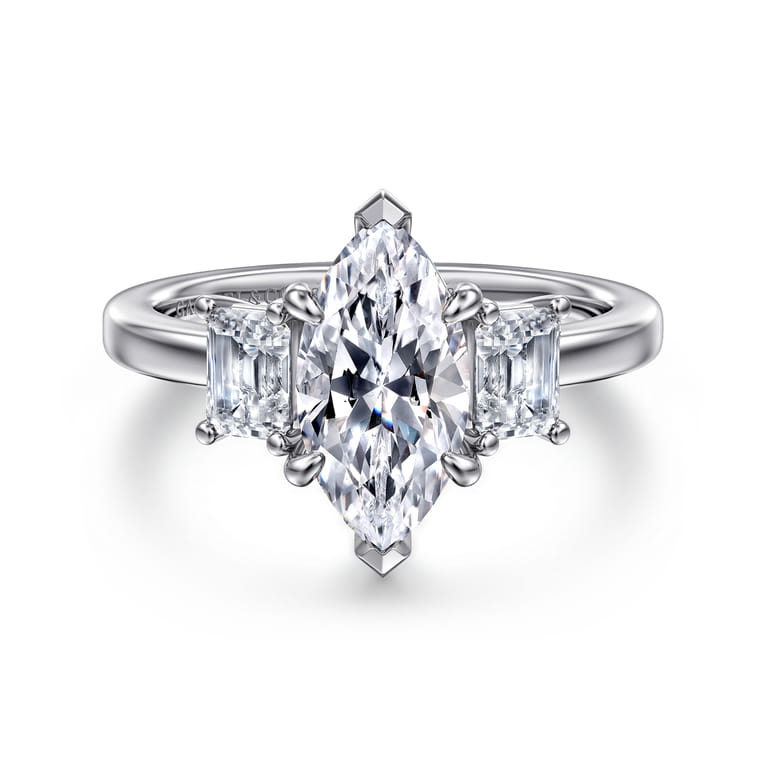 Stephi - 14K White Gold Marquise Shape Three Stone Diamond Engagement Ring - 0.6 ct - Shot 1