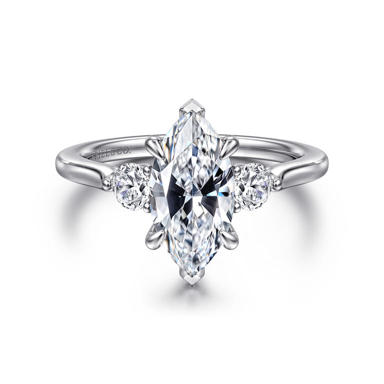 Madison - 14K White Gold Marquise Shape Three Stone Lotus Diamond Engagement Ring - 0.3 ct - Shot 1