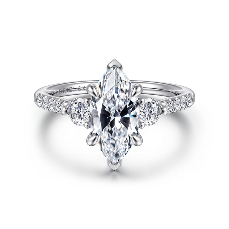 Moon - 14K White Gold Marquise Shape Three Stone Lotus Diamond Engagement Ring - 0.4 ct - Shot 1