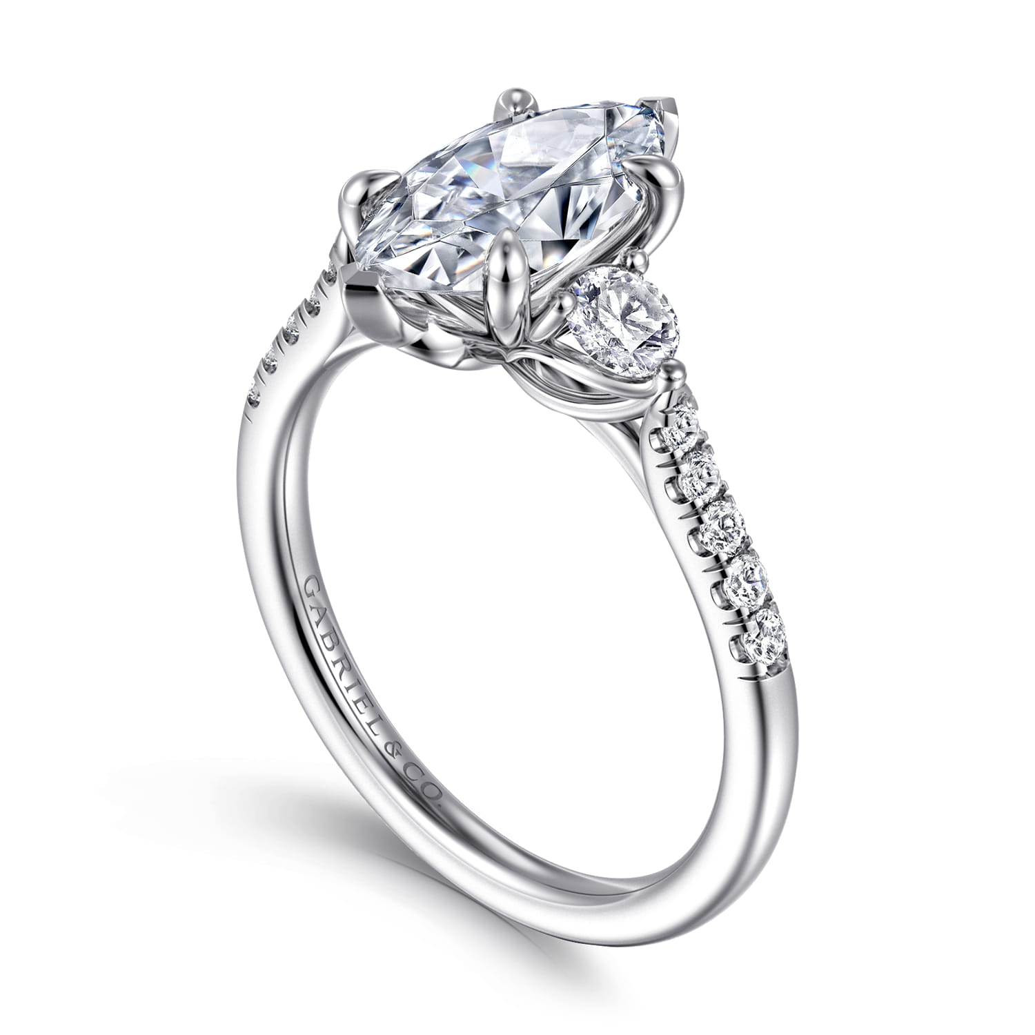 Moon - 14K White Gold Marquise Shape Three Stone Lotus Diamond Engagement Ring - 0.4 ct - Shot 3