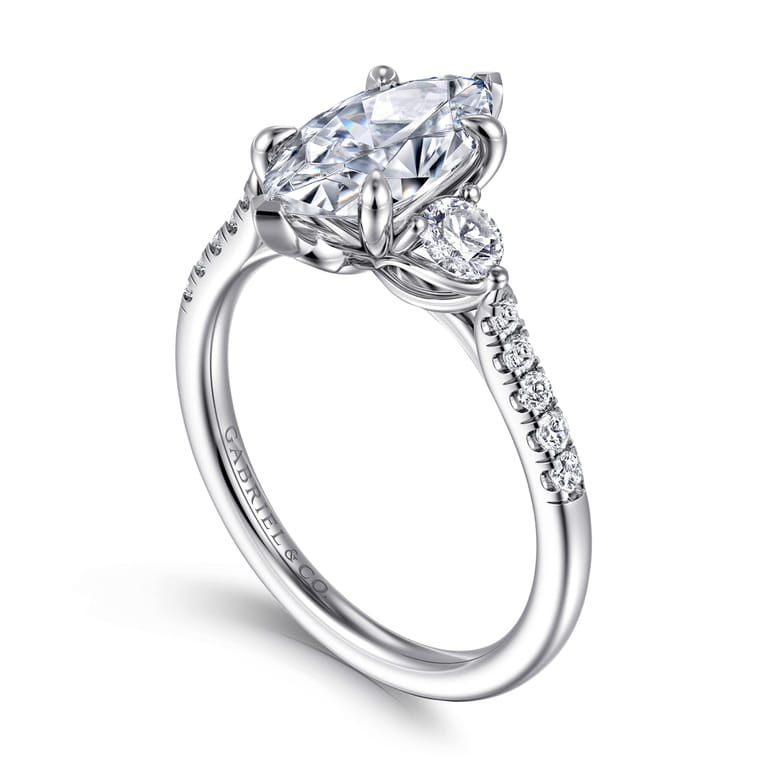 Moon - 14K White Gold Marquise Shape Three Stone Lotus Diamond Engagement Ring - 0.4 ct - Shot 3