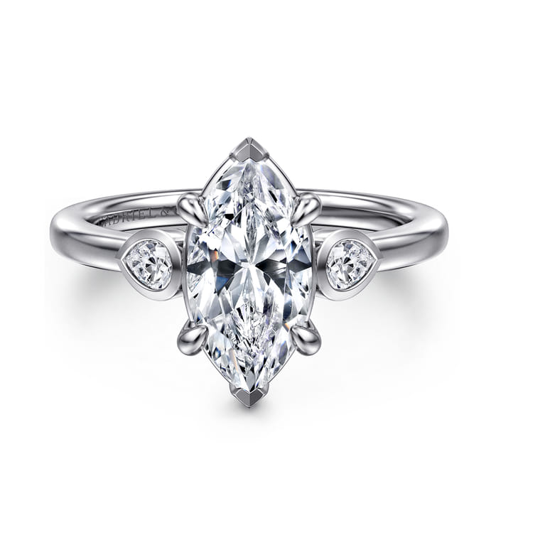 Ebony - 14K White Gold Marquise Shape Three Stone Diamond Engagement Ring - 0.19 ct - Shot 1