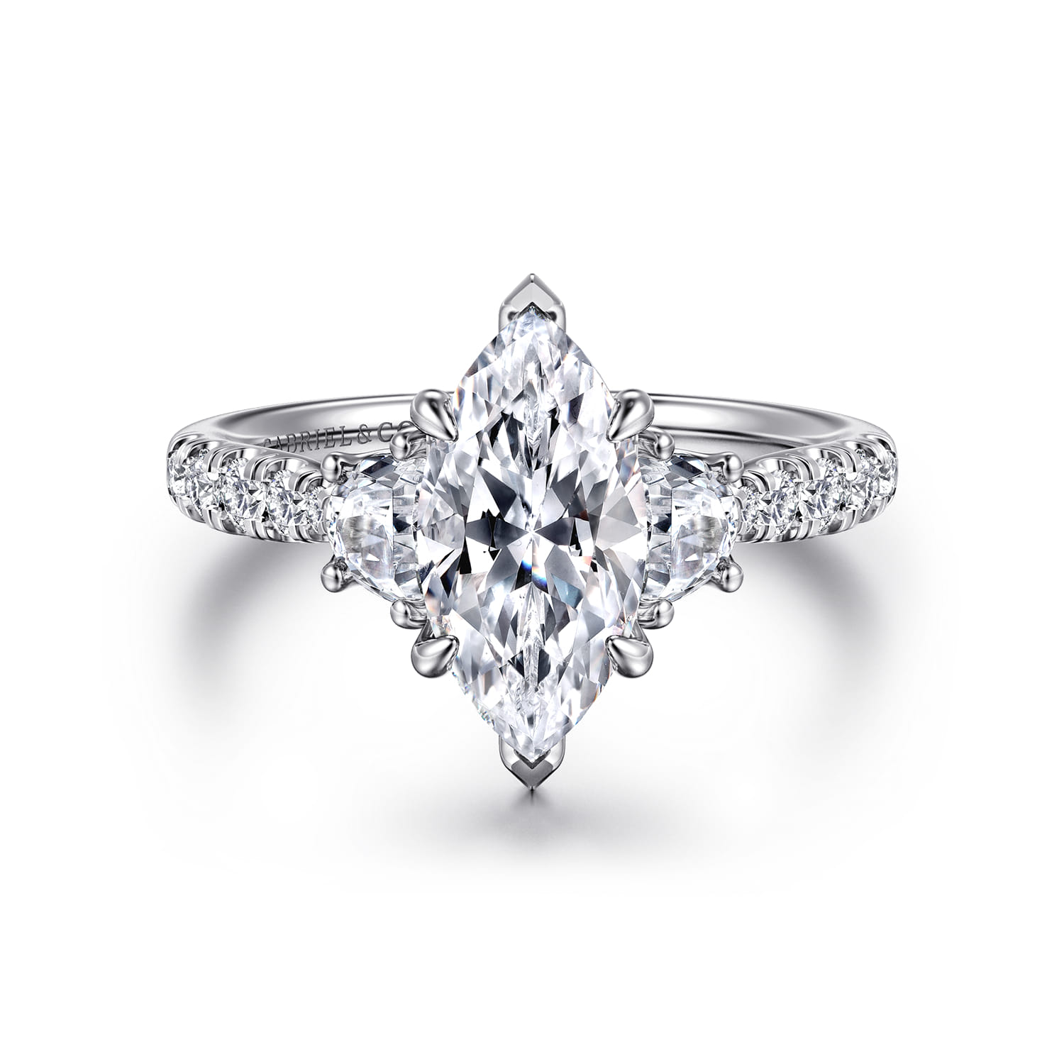 Dee - 14K White Gold Marquise Shape Three Stone Lotus Diamond Engagement Ring - 0.6 ct - Shot 1