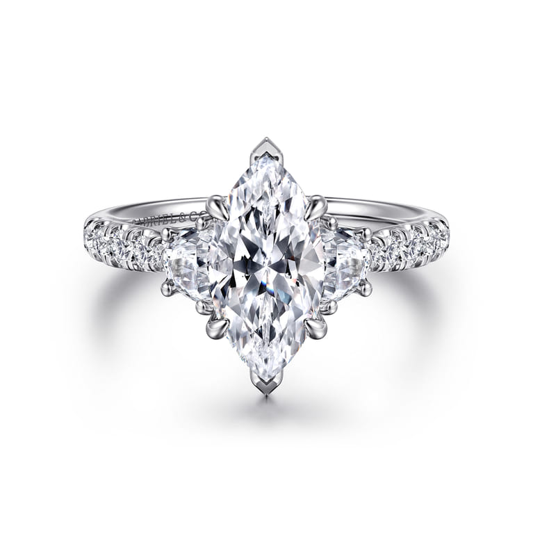 Dee - 14K White Gold Marquise Shape Three Stone Lotus Diamond Engagement Ring - 0.6 ct - Shot 1