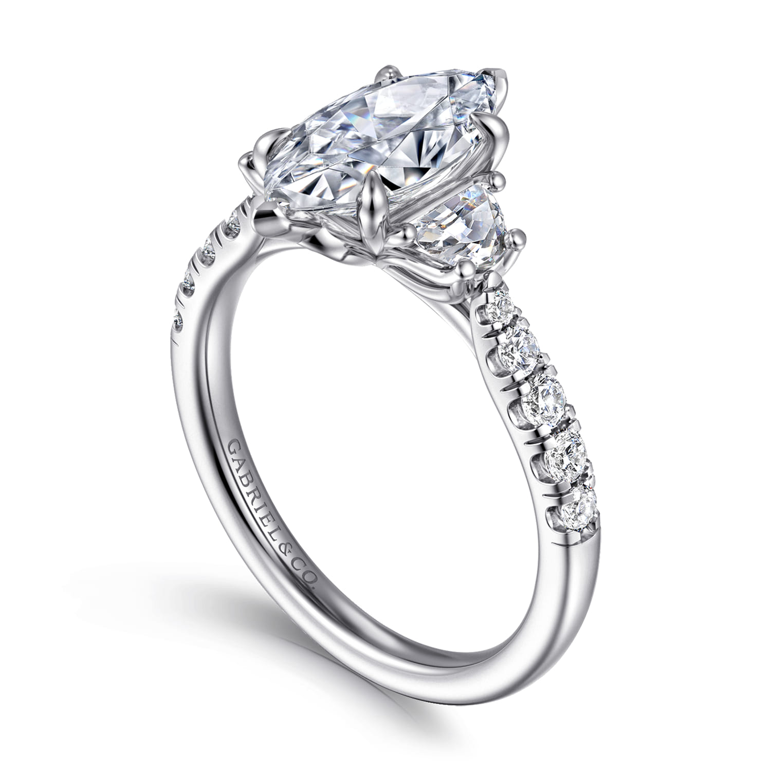 Dee - 14K White Gold Marquise Shape Three Stone Lotus Diamond Engagement Ring - 0.6 ct - Shot 3