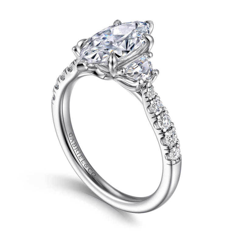 Dee - 14K White Gold Marquise Shape Three Stone Lotus Diamond Engagement Ring - 0.6 ct - Shot 3