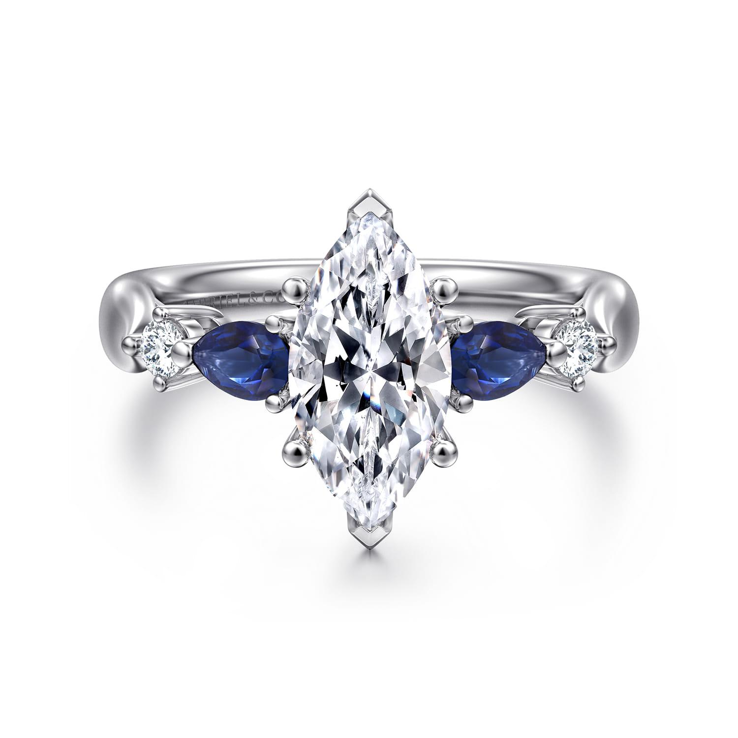 Carrie - 14K White Gold Marquise Shape Five Stone Sapphire and Diamond Engagement Ring - 0.1 ct - Shot 1