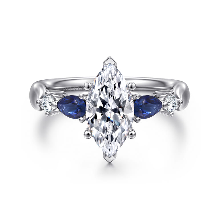 Carrie - 14K White Gold Marquise Shape Five Stone Sapphire and Diamond Engagement Ring - 0.1 ct - Shot 1