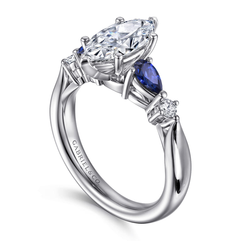 Carrie - 14K White Gold Marquise Shape Five Stone Sapphire and Diamond Engagement Ring - 0.1 ct - Shot 3