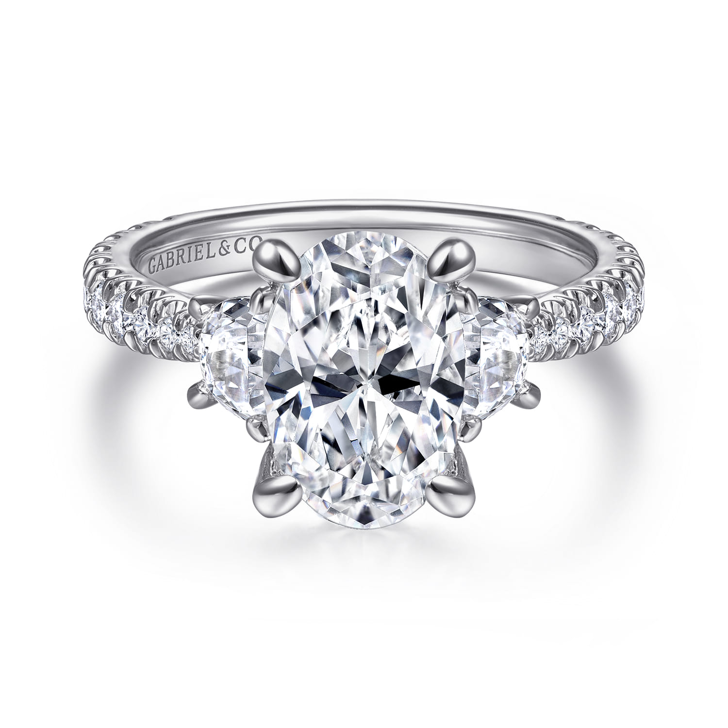 Yasmine - 14K White Gold Oval Three Stone Diamond Engagement Ring - 0.9 ct - Shot 1