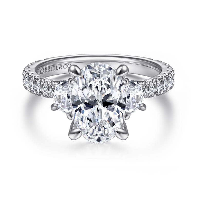 Yasmine - 14K White Gold Oval Three Stone Diamond Engagement Ring - 0.9 ct - Shot 1