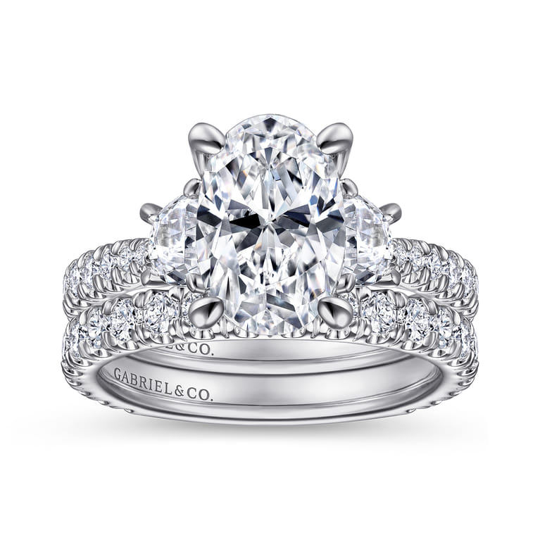 Yasmine - 14K White Gold Oval Three Stone Diamond Engagement Ring - 0.9 ct - Shot 4