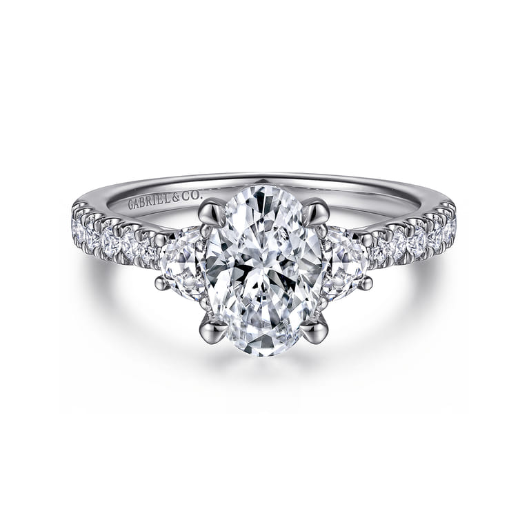 Isabel - 14K White Gold Oval Three Stone Diamond Engagement Ring - 0.57 ct - Shot 1