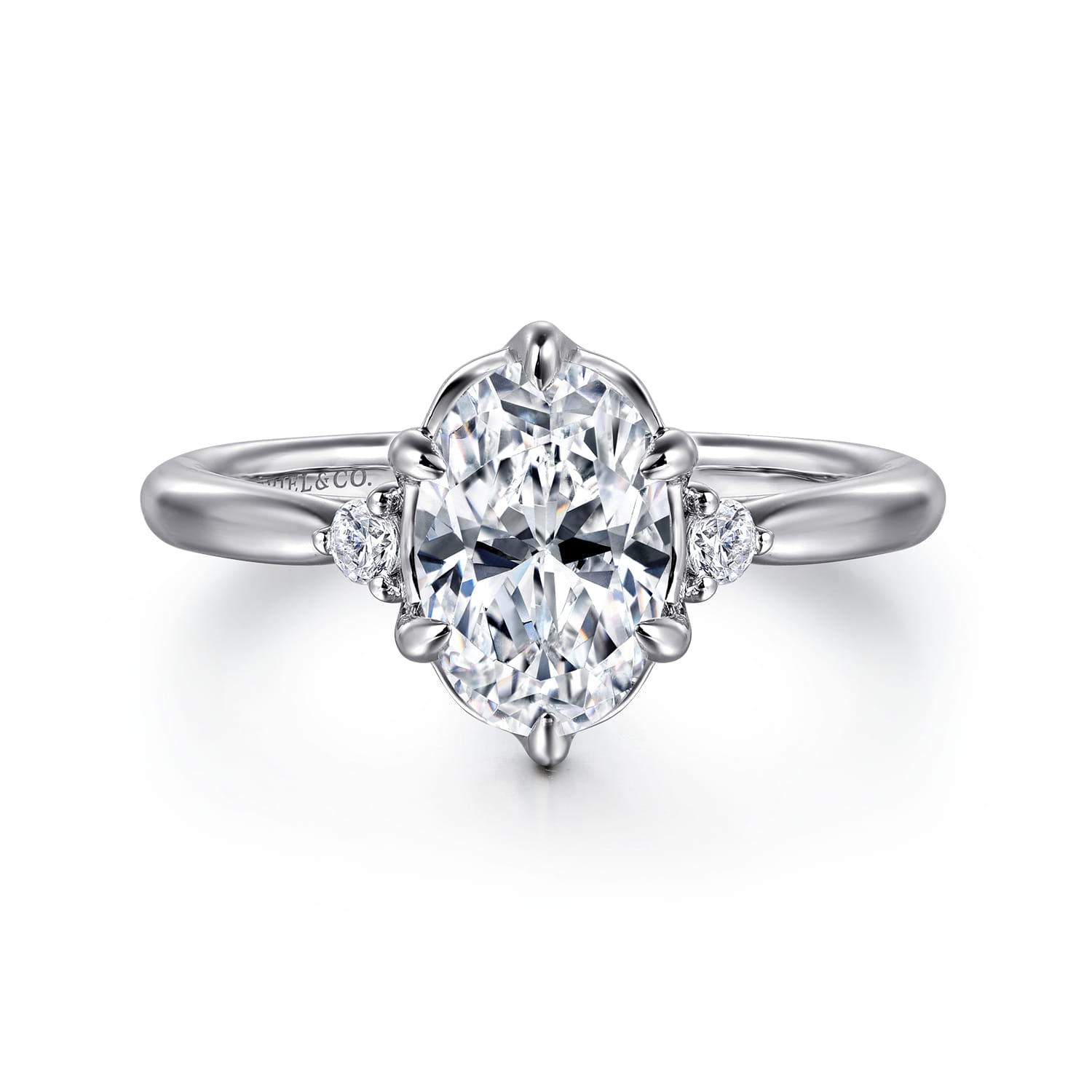 Blaise - 14K White Gold 6 Prong Oval Three Stone Diamond Engagement Ring - 0.08 ct - Shot 1