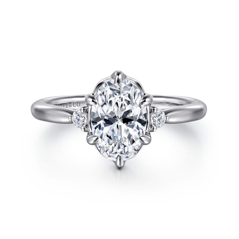 Blaise - 14K White Gold 6 Prong Oval Three Stone Diamond Engagement Ring - 0.08 ct - Shot 1