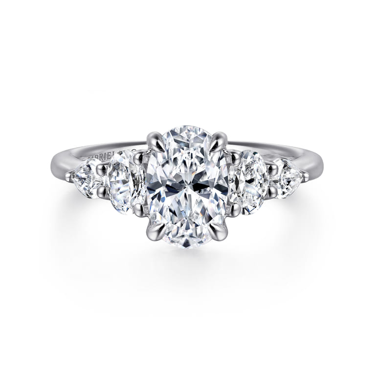 Estefani - 14K White Gold Oval Five Stone Diamond Engagement Ring - 0.8 ct - Shot 1