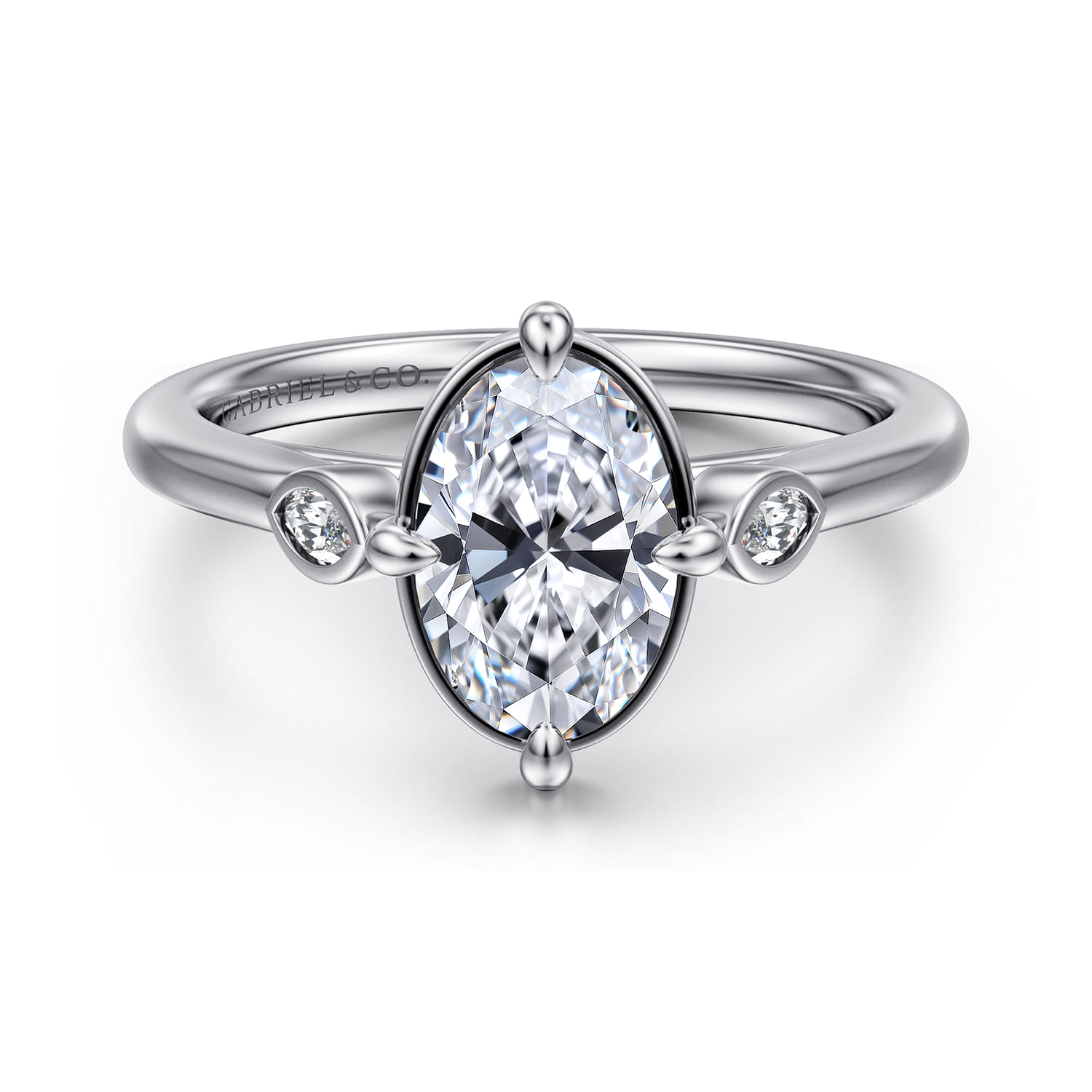 Charli - 14K White Gold Bezel Prong Oval Three Stone Diamond Engagement Ring - 0.1 ct - Shot 1