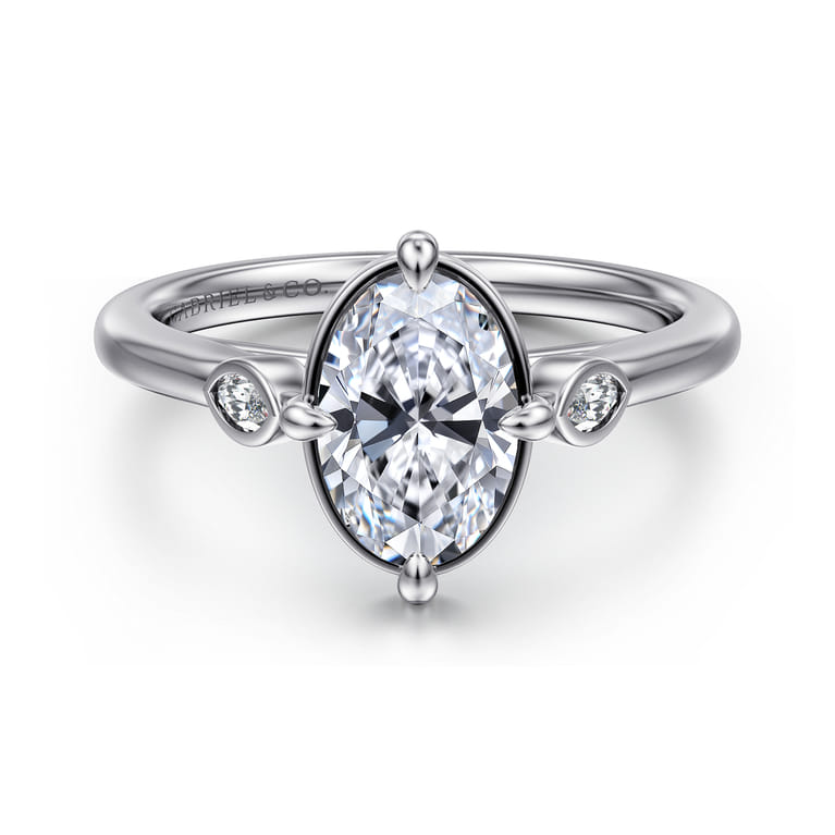 Charli - 14K White Gold Bezel Prong Oval Three Stone Diamond Engagement Ring - 0.1 ct - Shot 1