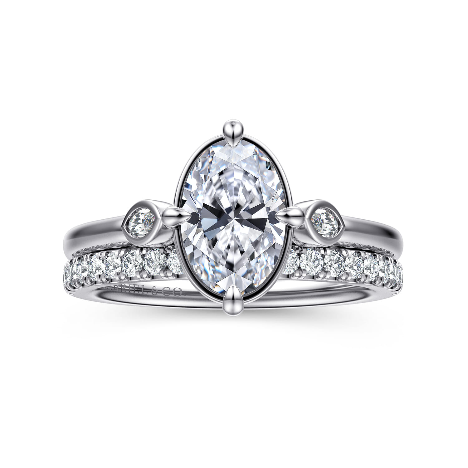 Charli - 14K White Gold Bezel Prong Oval Three Stone Diamond Engagement Ring - 0.1 ct - Shot 4