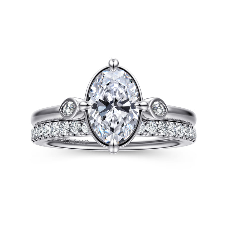 Charli - 14K White Gold Bezel Prong Oval Three Stone Diamond Engagement Ring - 0.1 ct - Shot 4