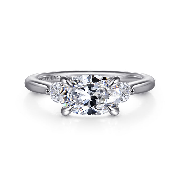 Darline - 14K White Gold Oval Three Stone Lotus Diamond Engagement Ring - 0.22 ct