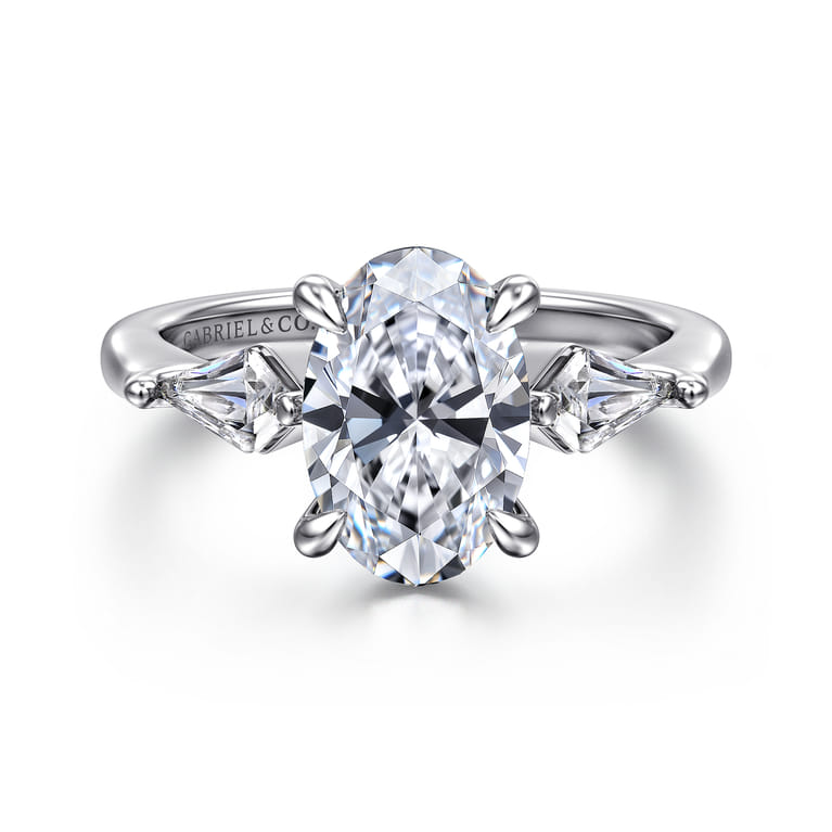 Kristen - 14K White Gold Oval Three Stone Diamond Engagement Ring with Kite Side Stones - 0.3 ct - Shot 1