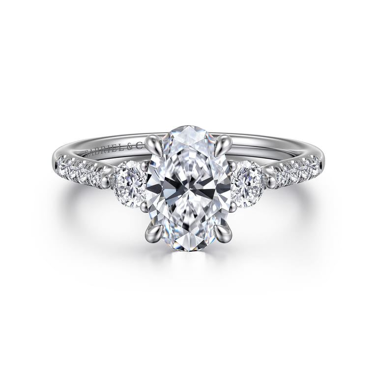 Moon - 14K White Gold Oval Three Stone Lotus Diamond Engagement Ring - 0.4 ct - Shot 1