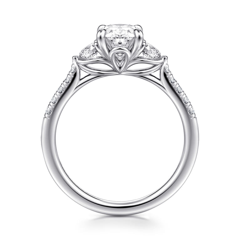 Moon - 14K White Gold Oval Three Stone Lotus Diamond Engagement Ring - 0.4 ct - Shot 2